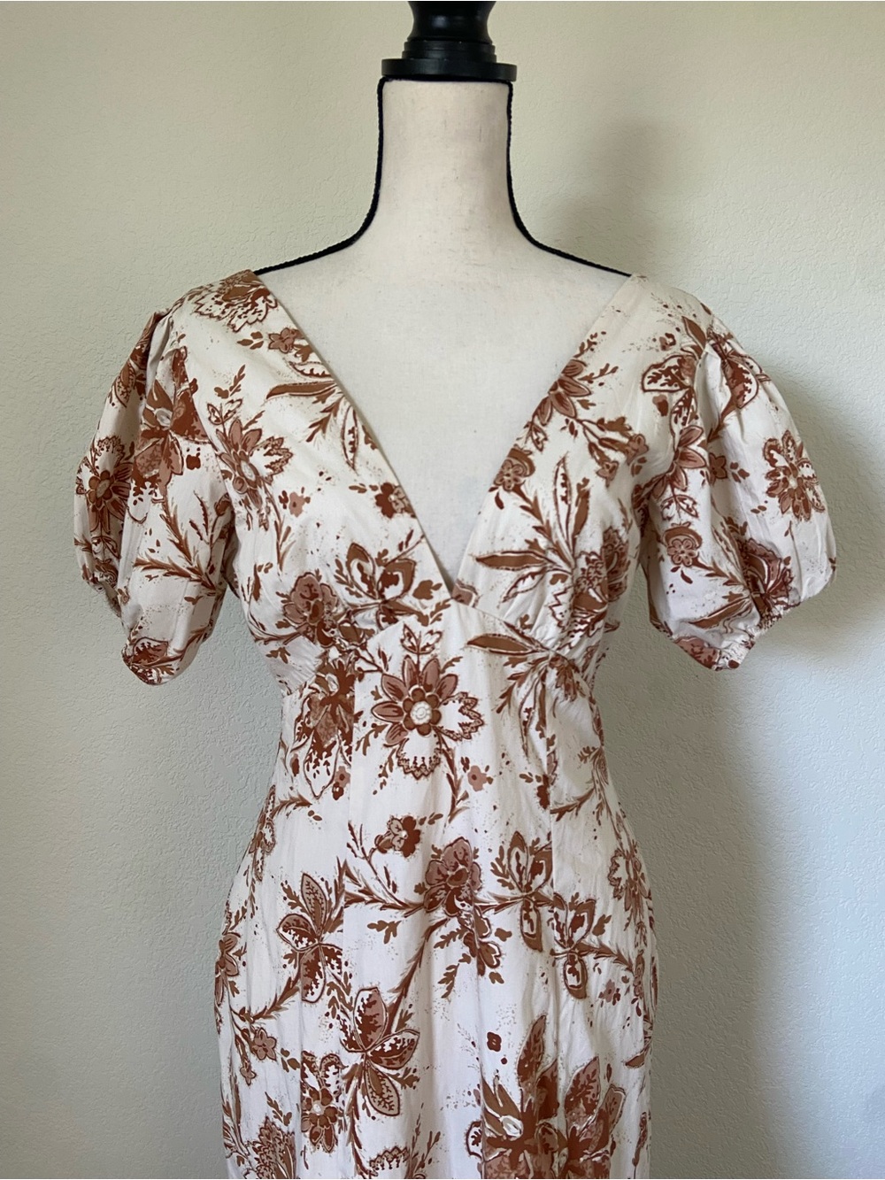 Abercrombie & Fitch Puff Sleeve Slim Poplin Cotton Midi Dress Cream Brown Floral - Picture 5 of 9